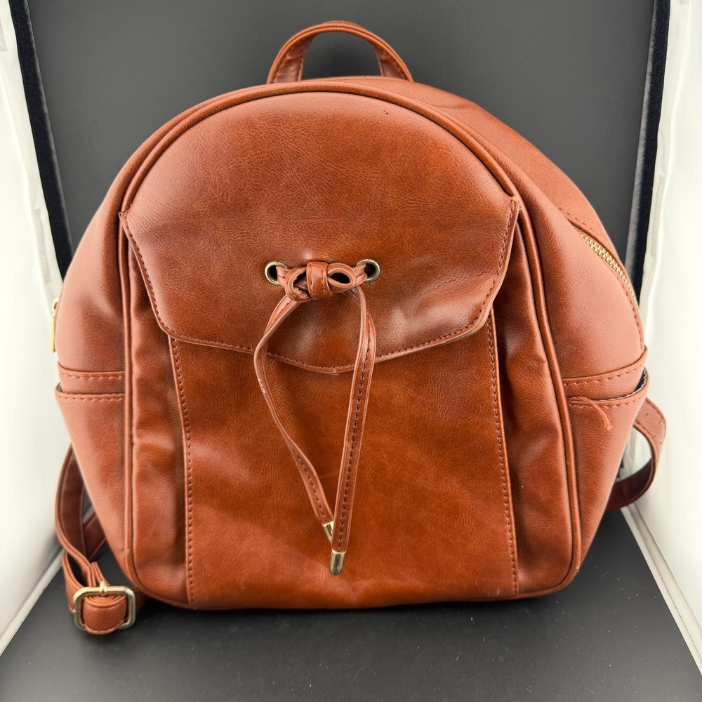 Coofit Womens Backpack Brown Cognac Leather Inner Pockets Adjustable Strap Bag